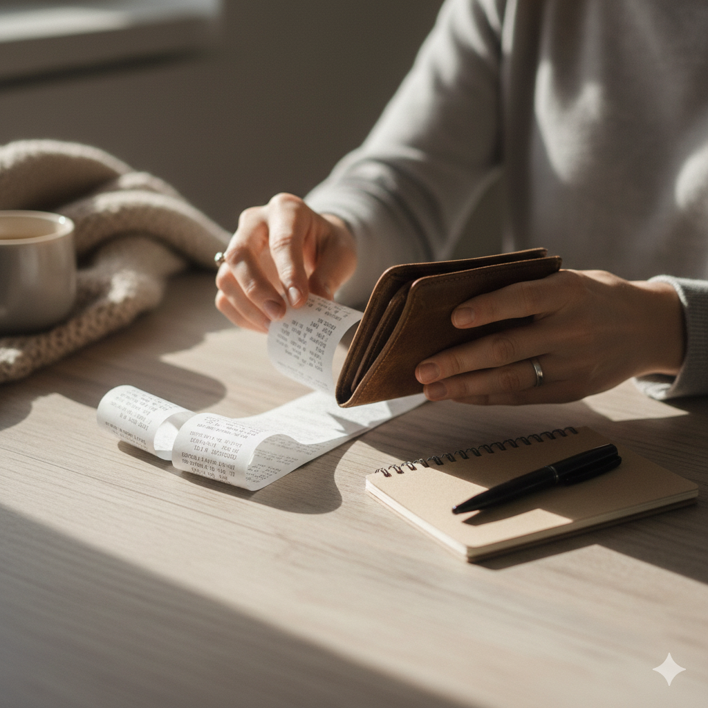 Mom holding a wallet at a wooden table with receipts and a small notepad, symbolizing simple budgeting.