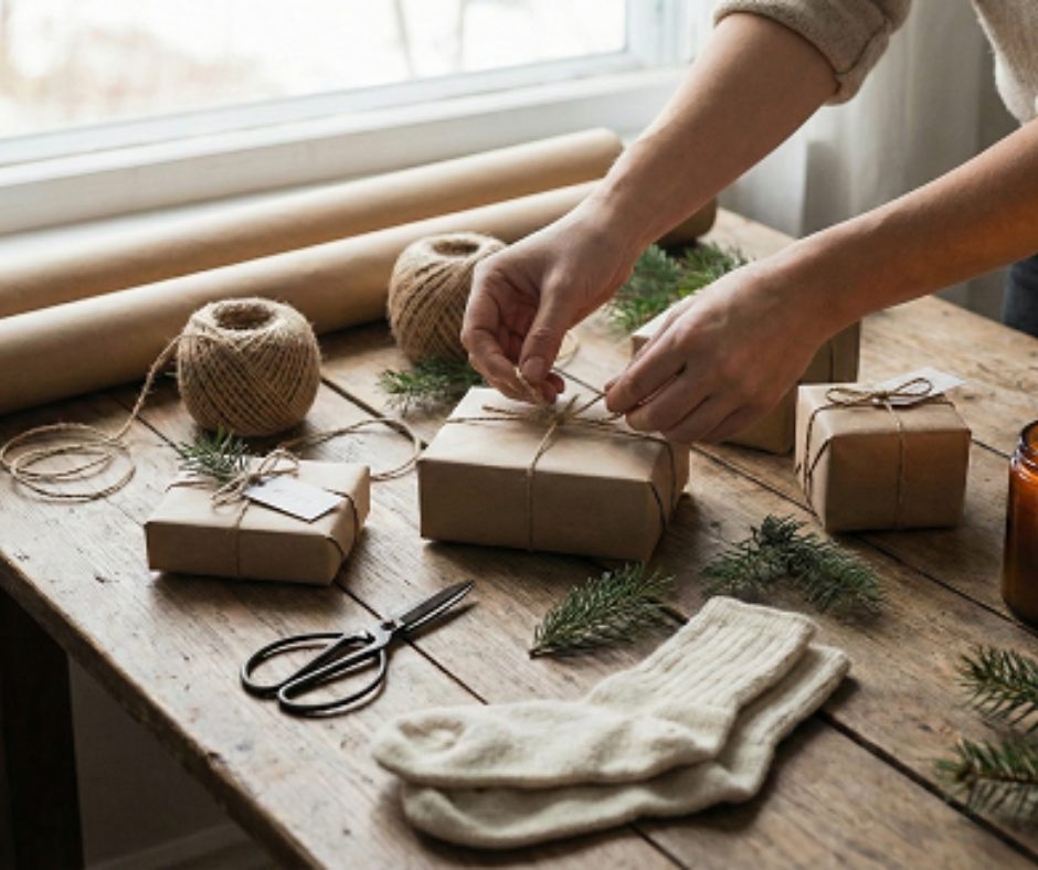 Budget-friendly Christmas gifts wrapped in kraft paper with twine and natural touches on a wooden table.